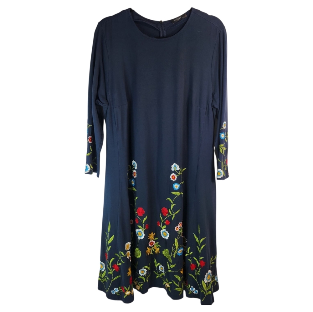 eShakti Navy Blue Embroidered Floral Midi Dress Long Sleeve – 16W